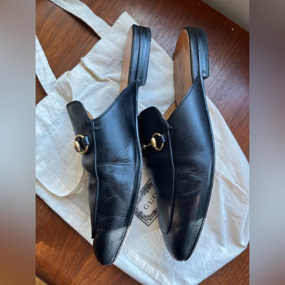 Gucci Princetown Black Leather Gold Hardware Slide on Mules Flats Size 39 VGUC - Picture 10 of 13